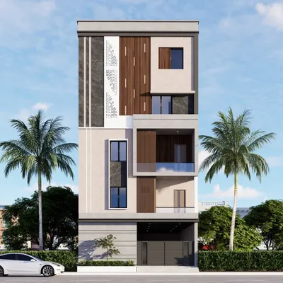 This 3D render shows a complete facade design for a multi-story home. I focus on creating a visually interesting elevation by combining different textures and materials, such as wooden panels, stone cladding, and decorative jaali work, for a unique and modern look.