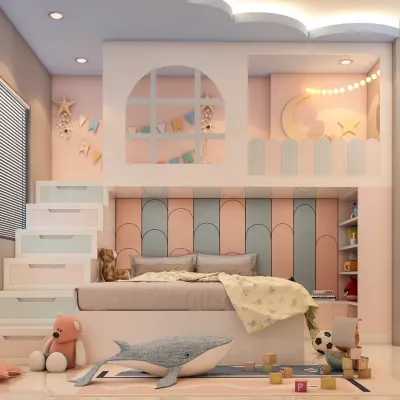 A dream room for any child, this design features a custom loft bed with a playful house-like structure. The integrated staircase doubles as storage drawers, making it a perfect example of our fun and practical kids' room solutions.