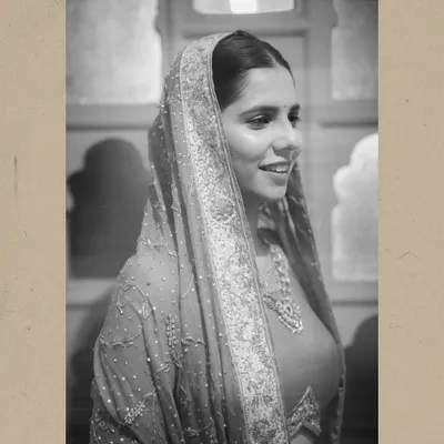 A classic black and white portrait of a bride with her head covered, her gentle smile capturing a moment of timeless grace.