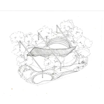 An early concept sketch for a central court in a housing project. The drawing explores the idea of a sculptural parasol for shade, creating a focal point that is both functional and artistic within the community space.