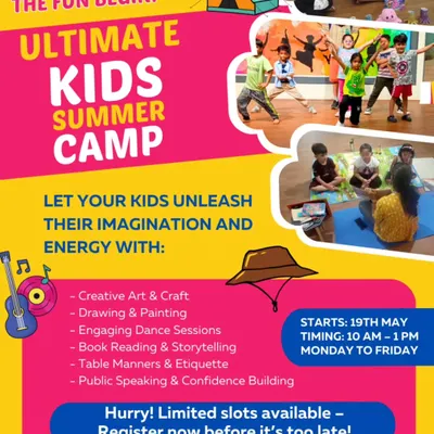 This flyer provides all the details for our Ultimate Kids Summer Camp. We offer a range of activities from creative art and dance to public speaking, ensuring a fun and productive summer for your child.