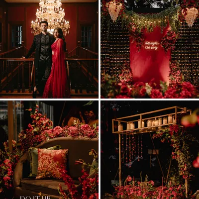 A collage from a dramatic sangeet night, defined by a rich red and gold palette. The decor featured a grand staircase entry, a candle wall backdrop, and lush seating areas, all designed to create a feeling of opulent romance.