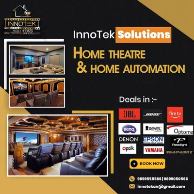 We are your one-stop shop for home theater and home automation. This graphic shows some of the top brands we work with, including JBL, BenQ, Denon, and Yamaha, to build your dream system.