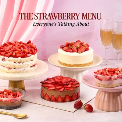 Our complete strawberry menu, featuring a variety of cakes, cheesecakes, and dessert tubs. Each dessert is crafted to highlight the freshness of seasonal strawberries.