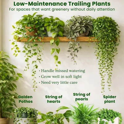 This guide features some of the best low-maintenance trailing plants. These are perfect for spaces that want greenery without daily attention, as they handle missed watering and grow well in soft light.