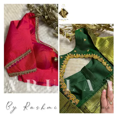 A showcase of two different styles. On the left, a pink brocade blouse with a simple border, and on the right, a green blouse with a beautiful scalloped neckline.