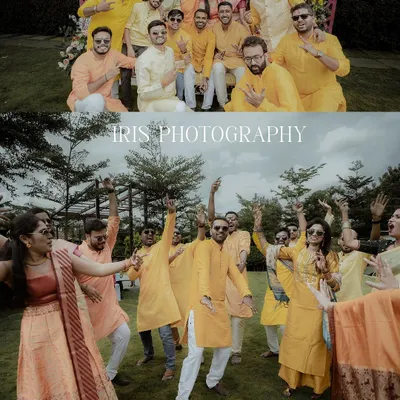 The whole squad gets in on the fun. These photos show the groom's side posing and dancing at the Haldi ceremony, a celebration filled with friends and family.