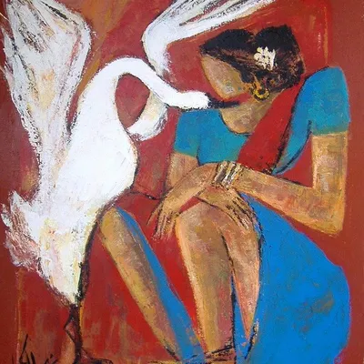 AV Ilango's work is deeply informed by his rural upbringing. In this piece, the interaction between the woman and the swan is rendered with a rich, expressive color palette that speaks of a life connected to nature.