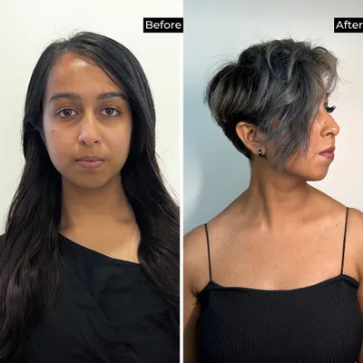 A dramatic transformation from long, dark hair to a chic, modern pixie cut with an edgy grey-blue color. This is the level of skill our students achieve.