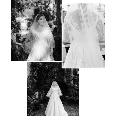 A collage showing the bride in her beautiful white gown. These shots highlight the elegance of the dress, the delicate veil, and the bride's serene presence before the ceremony.