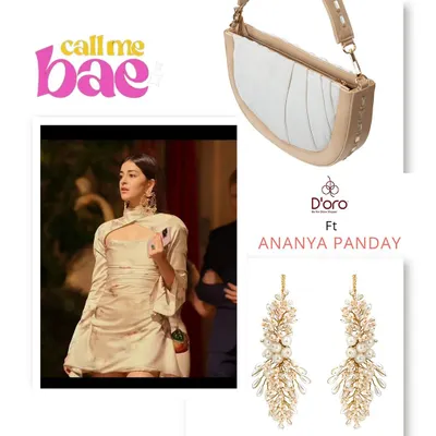 Recreating an iconic look from "Call Me Bae" featuring Ananya Panday. Her elegant beige dress is the perfect match for my pearl and crystal leaf earrings and our white denim swagger shoulder bag.