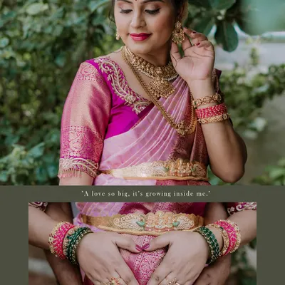 This photo collage highlights the beauty of a traditional maternity shoot. The top frame shows the mother-to-be in her gorgeous silk saree and temple jewellery, while the bottom frame is a close-up of the couple's hands forming a heart on the baby bump.