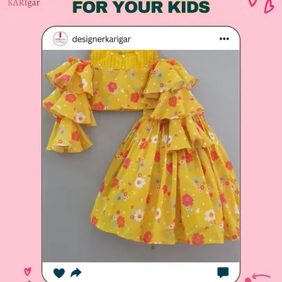 An elegant and playful lehenga for your little one. This yellow floral piece features dramatic ruffled sleeves, perfect for a party or festive event.