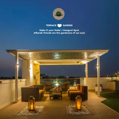 We transformed this terrace into a sophisticated evening lounge, complete with a custom perforated pergola, comfortable seating, and ambient lighting. It’s the perfect example of how we create functional and beautiful outdoor 'addas' for friends and family.