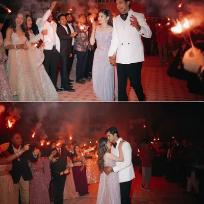 A grand entrance with sparklers and a romantic kiss on the dance floor. This collage perfectly captures the celebratory and intimate moments of a Sangeet night.
