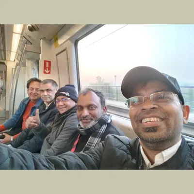 A selfie with my fellow cartoonists Jagjeet Rana, Rohnit, Irfan, and Sudheer Nath on the Delhi metro. We were returning after paying our respects to the late cartoonist Kaak ji. Even in sadness, there is strength in our community.
