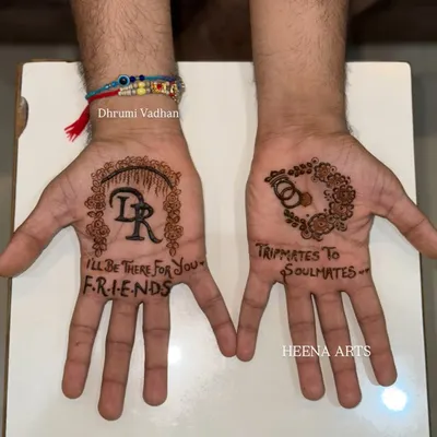 For the groom who is a big F.R.I.E.N.D.S fan! We incorporated the iconic quote "I'll be there for you" along with their initials. The other palm tells their story, "Tripmates to Soulmates," with interlocking rings. This is personalized groom henna at its best.