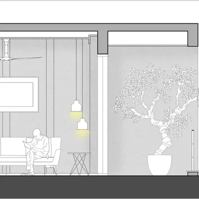 This sectional elevation illustrates a living space concept, showing the relationship between a seating area and an outdoor courtyard with a feature tree. These drawings help us study scale, light, and human interaction.