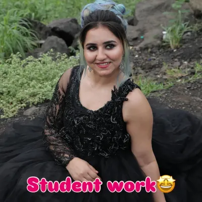 A stunning party look created by one of my students. They've combined a classic smokey eye with a modern, colorful hairstyle. The "Student Work" sticker shows our pride in their skills.