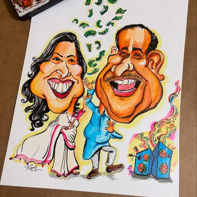 This one is all about the party! A fun-loving couple dancing their hearts out, with money flying and music blasting. This custom caricature captures their vibrant energy and love for celebration.