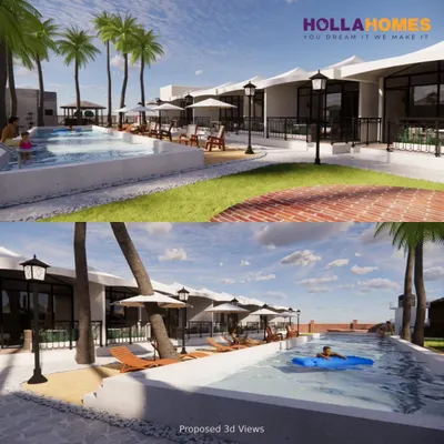 Our 3D renders for an Alibaug resort project bring the coastal vibe to life. This view shows how we design outdoor spaces with pools, lounge chairs, and umbrellas to create a perfect holiday atmosphere for guests.