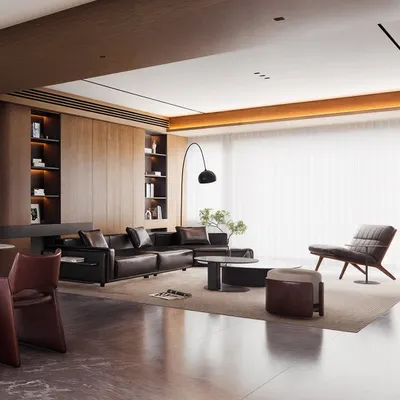 A Lumion rendering course preview, this image of a modern living room showcases a moody, sophisticated aesthetic with dark wood and leather. It demonstrates the quality of texturing and lighting taught in my course.