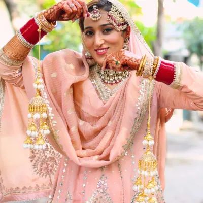 This Punjabi bride is the picture of grace in her pastel peach suit. I created a soft glam look with a focus on radiant skin and defined eyes to complement her elegant and modern outfit.