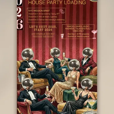 NYE house party invites are officially my favorite. This one had a great design brief: jazzy fits, loud laughs, and big-vibe energy. The disco-ball head illustrations perfectly captured the fun mood.