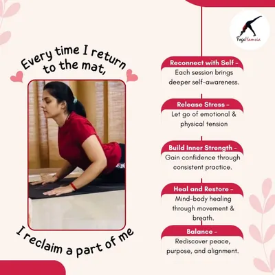 Every time I return to the mat, I reclaim a part of myself. This infographic shares the journey of self-reconnection, stress release, and healing that happens with each practice.