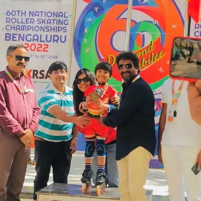 A glorious moment for Rayaansh, standing on the podium to receive his gold medal at the 60th National Roller Skating Championships in Bengaluru. This was a historic event for para-skaters, and he shone brightly.