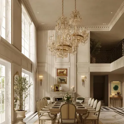 A full view of a majestic, double-height dining room. The soaring ceilings, grand fireplace, and twin crystal chandeliers create an unforgettable sense of scale, perfect for hosting grand dinners while surrounded by timeless beauty.
