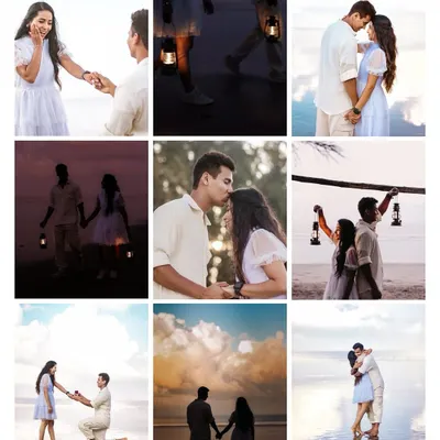 A collage showcasing the story of a beach proposal. It captures the surprise, the joy, and the romance of the moment, from holding hands with lanterns to getting down on one knee.