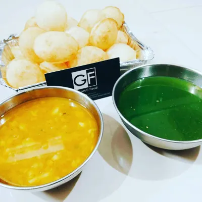 My homemade Pani Puri, also known as Golgappa or Puchka. I prepare the crispy puris, the tangy mint-coriander water (pani), and the savory potato-chickpea filling (masala) all in my own kitchen for a hygienic and delicious chat experience.