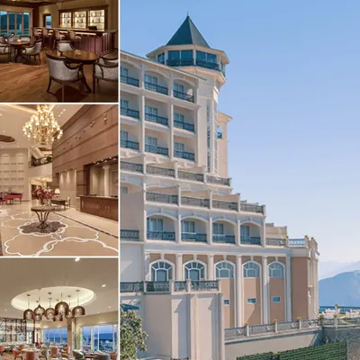 A collage of the ITC Tavleen, Chail, highlighting the grand European-style exterior, the opulent lobby, a fine-dining restaurant, and the cozy bar. This project balances impressive public areas with intimate, comfortable spaces.