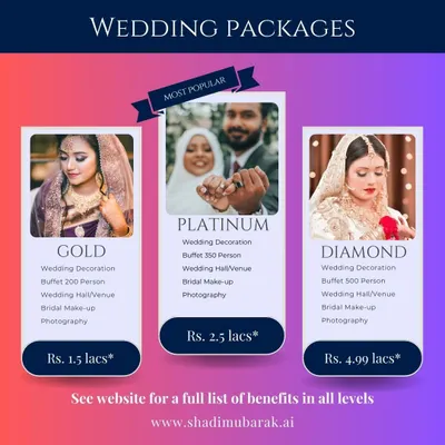 Here are my three main wedding packages: Gold, Platinum, and Diamond. Each one is designed to provide a complete wedding solution for different guest counts, with clear pricing to help you budget.