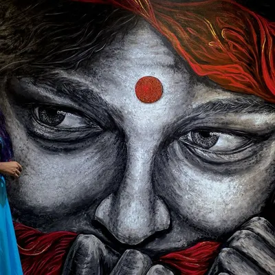 'Visalakshi' is a large-scale acrylic portrait of a woman I met on my travels. Her eyes hold a universe of stories, of love, power, and yearning. This is the depth I aim for in every custom portrait commission.