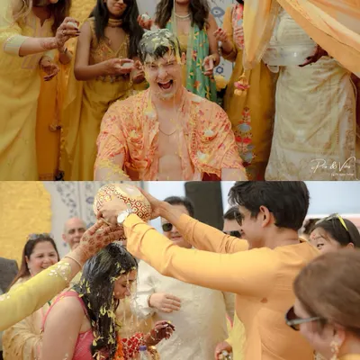 A diptych of pure Haldi fun. The top frame shows the groom's ecstatic reaction as he's covered in haldi, while the bottom shows the bride enjoying her own ceremony.