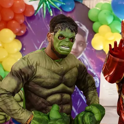 The Incredible Hulk making an appearance at a superhero-themed party. The mascot is high-quality and the artist is great at interacting with children, making for an exciting addition to any event.