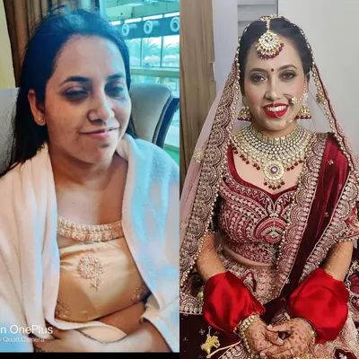 A complete bridal transformation for a North Indian wedding. We went for a classic look with a red lip, glowing skin, and beautifully defined eyes that make her shine.