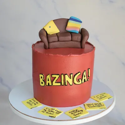 Bazinga! A fun cake for a fan of The Big Bang Theory. The design features the iconic couch as a topper and Sheldon's famous catchphrase, with memorable quotes on sticky notes.