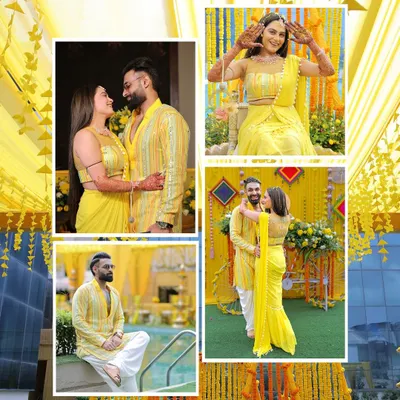 This Haldi ceremony layout combines posed portraits and candid moments to capture the full spectrum of the event. From the couple's loving gaze to the bride's playful pose, the collage tells a story of joy and tradition.