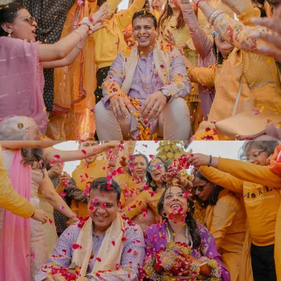 A shower of flower petals for the happy couple. Arushi and Samagra's haldi was a beautiful mix of fun and tradition, with everyone joining in to bless them.