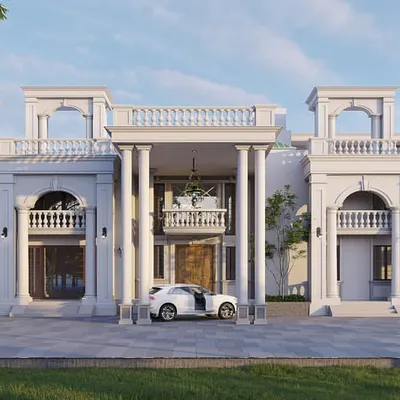 An upcoming project showcasing classical Roman-style architecture with Georgian mouldings and stylish balusters. The design features a grand double-height entrance porch and is set within a landscape that is 75% green space.