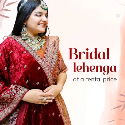Your perfect bridal lehenga doesn't have to cost a fortune. This rich velvet maroon piece with detailed embroidery is available at a rental price, giving you a royal look for your special day.