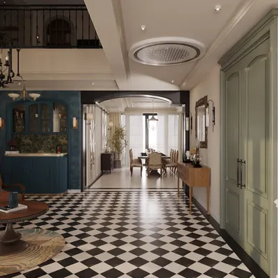 This view showcases the home's dynamic flow, with bold black-and-white checkered flooring leading the eye from a cozy seating area towards the formal dining room. We use distinct flooring and architectural arches to define zones within an open-concept layout.