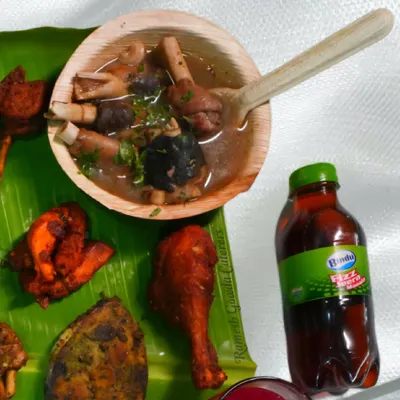 A close-up of our non-veg meal, featuring Mutton Bone Soup, Chicken Kebab, and a fried chicken leg piece, all served on a fresh banana leaf.