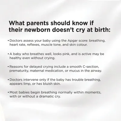 To ease parental anxiety, this graphic provides key facts about why a newborn might not cry at birth. It explains how doctors use the Apgar score to assess health and lists common, non-alarming reasons for a quiet entry into the world, such as a smooth C-section or prematurity.