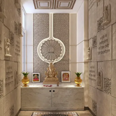 A truly special mandir design. The walls are clad in stone-textured panels with engraved scriptures, and the backdrop features an intricate, backlit circular mandala. This space is a testament to how design can elevate spirituality.