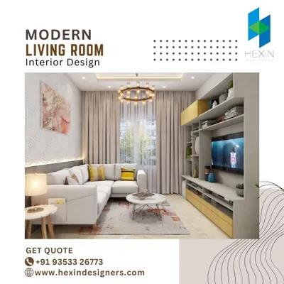 This living room design features a comfortable L-shaped sofa, a built-in TV unit with ample storage, and a modern chandelier. The large windows and sheer curtains allow for plenty of natural light, creating a bright and airy atmosphere.