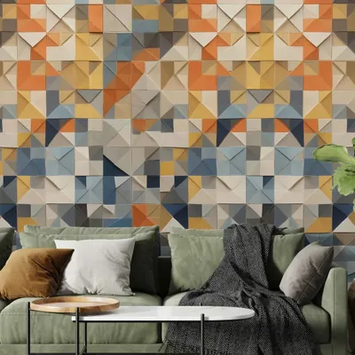 See how these peel and stick wall panels serve as a vibrant backdrop for a modern living room. The mix of orange, blue, and yellow in the tiles perfectly complements the green sofa, creating a cohesive and stylish interior design.